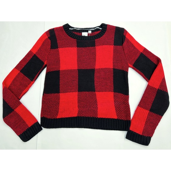 OhMG! Red Black Buffalo Check Plaid Knit Pullover Long Sleeve Sweater - Picture 9 of 15